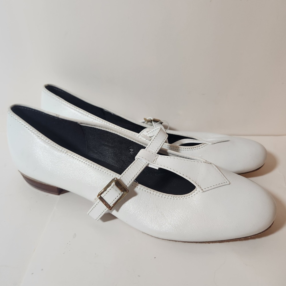 Vintage White Leather Character Shoes Mary Jane Buckle Dance Flats Size 6 Narrow